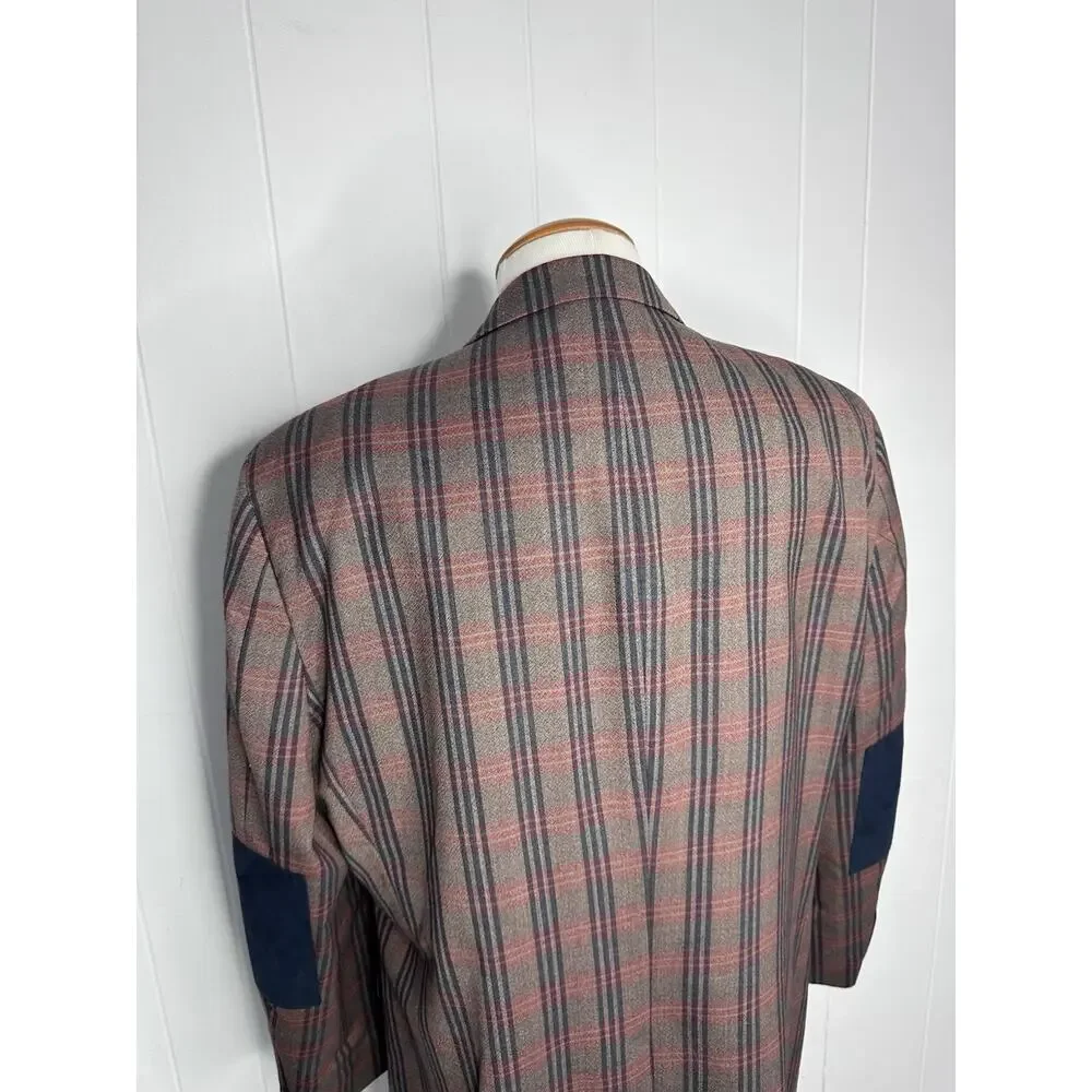 Paul Fredrick Multicolor Plaid Sport Coat Blazer - 48R - Olive Brown Elbow Patch